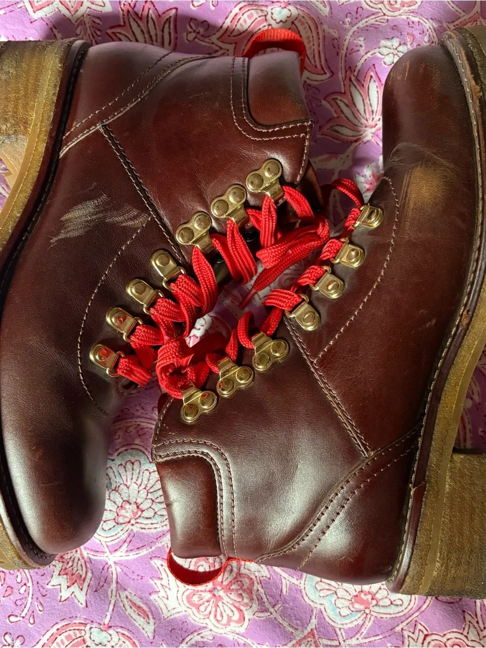 Tory Burch Brown Leather Hiking Boots with Red Laces